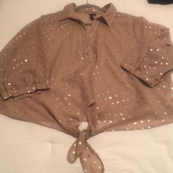Tan and Gold Polka Dot Blouse With Center Tie. - Picture 2 of 5